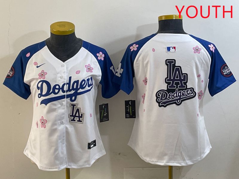 Youth Los Angeles Dodgers Blank White Blue Sakura Edition 2025 Nike MLB Jersey style 23->youth mlb jersey->Youth Jersey